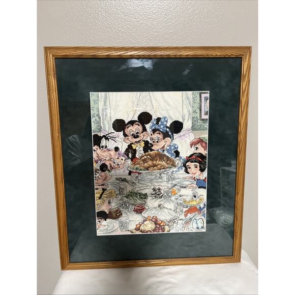 Disney Dinner w/ Friends Thanksgiving Dnner Rockwell Framed Cross Stitch Picture - Picture 1 of 11